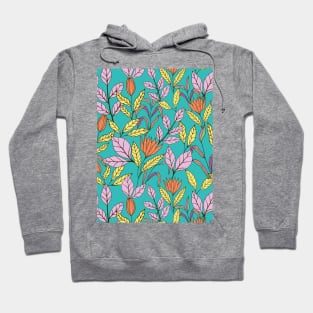 Tropical leaves and flowers botanical pattern in teal Hoodie